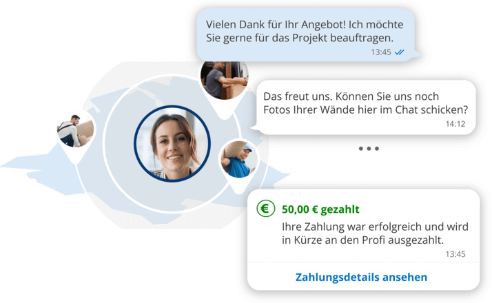 Illustration einer Landkarte mit Gesichtern und Chat-Nachrichten